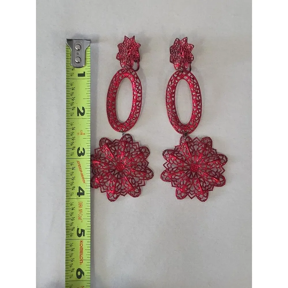 Vintage Long Dangle Statement Earrings Red Lace Like Filigree ClipOn Delicate 4